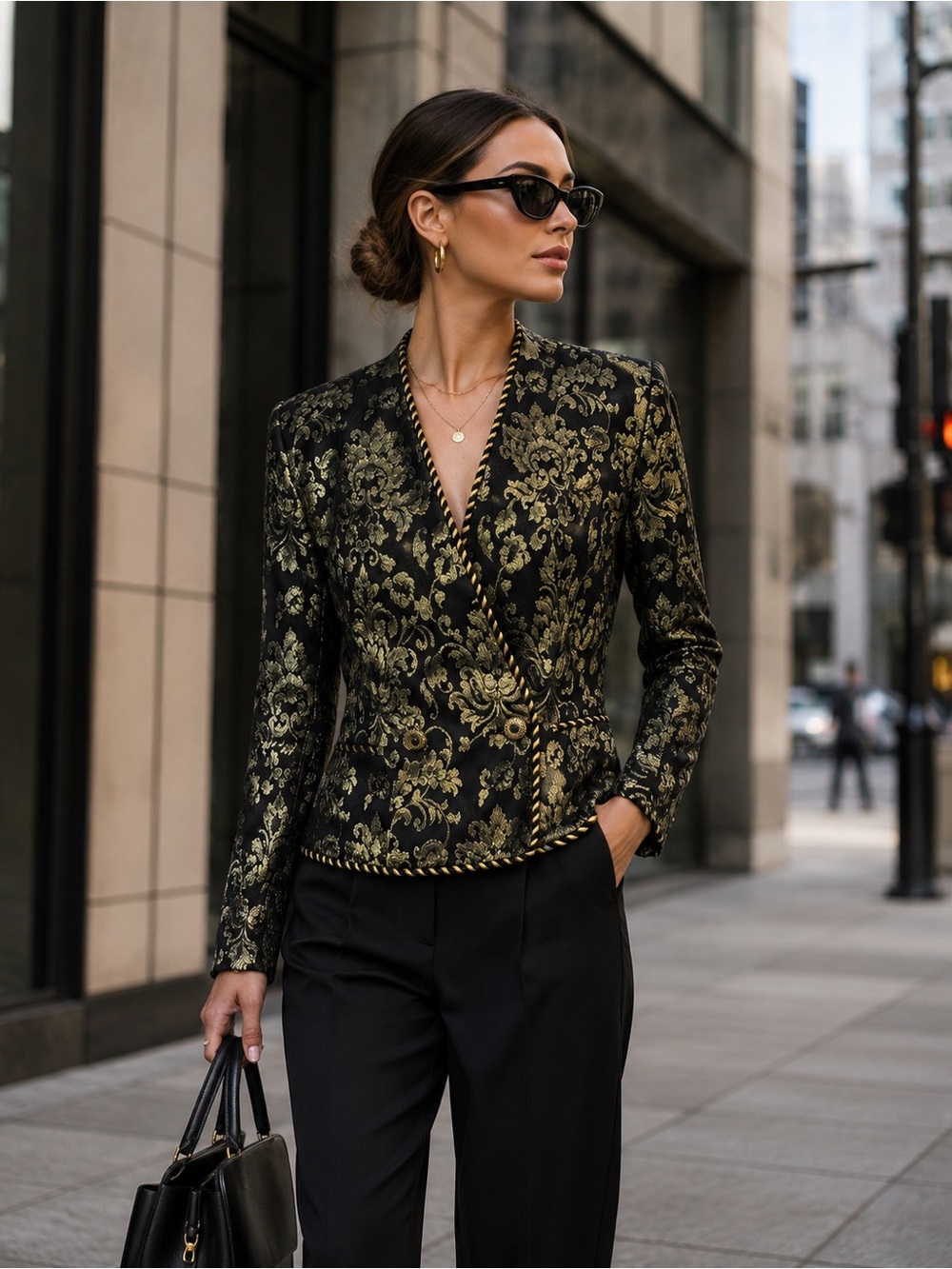 EVAN PICONE VINTAGE Women's Black & Metallic Gold Brocade Wrap-Style Blazer 12